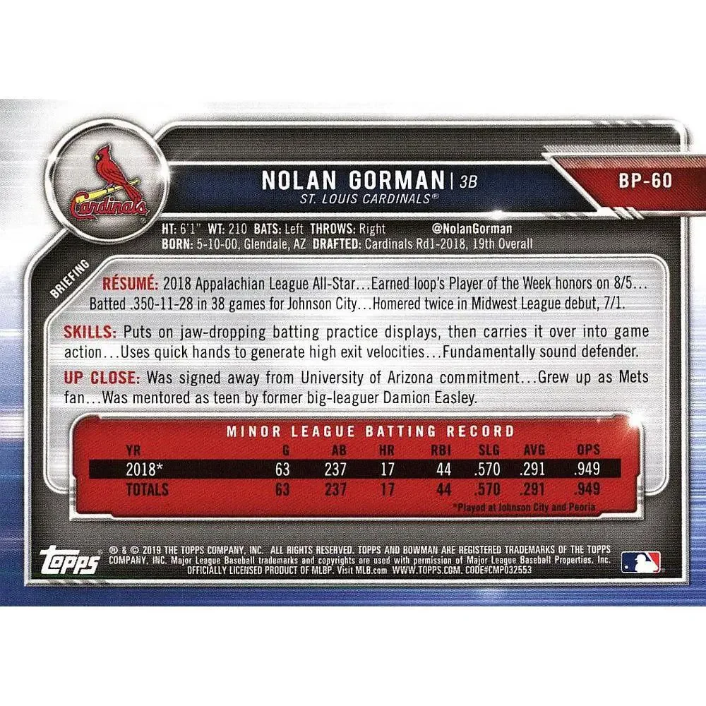2019 Bowman Prospects Nolan Gorman #BP-60 St. Louis Cardinals